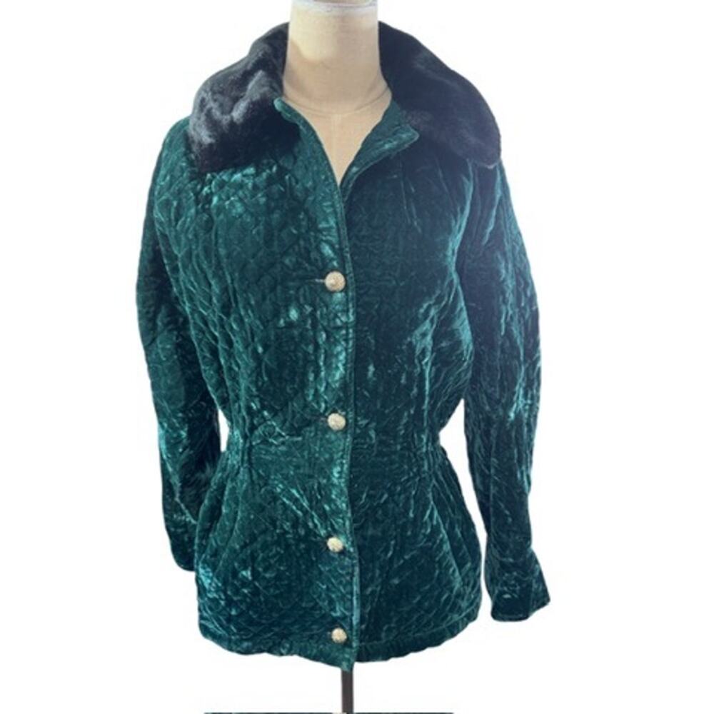 "KAOS" Green Vintage Y2K Velvet Coat Made In USA Faux Fur Collar‎ SZ S PLZ READ
